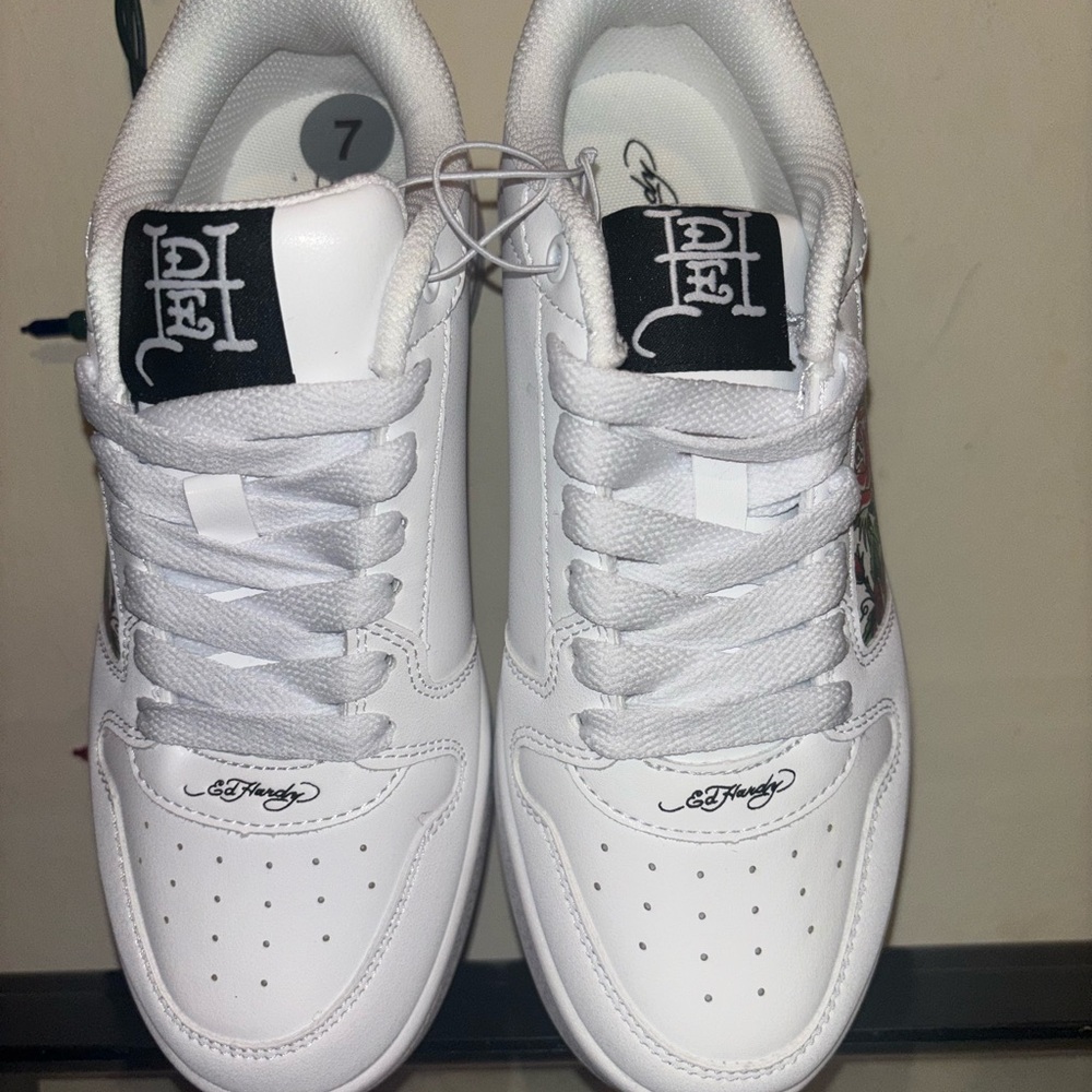Ed Hardy White Low-Top Leather-Style Sneakers with Black Tongue Logo
